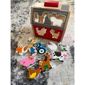 Melissa & Doug Wooden Farm Shape Sorter Barn w/ Animals & Farmer – Complete Set